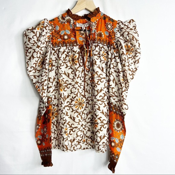 House of Harlow 1960 Tops - HOUSE OF HARLOW 1960 Beige Orange Ruffle Sleeve Blouse NWT in XS